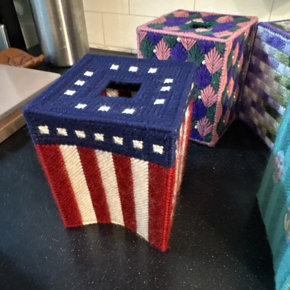 Tissue Box Covers Easter Eggs‎ American Flag Needlepoint Plastic Canvas Vintage